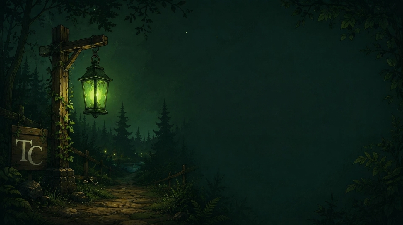 Thicketcraft banner art, a lantern-lit forest path